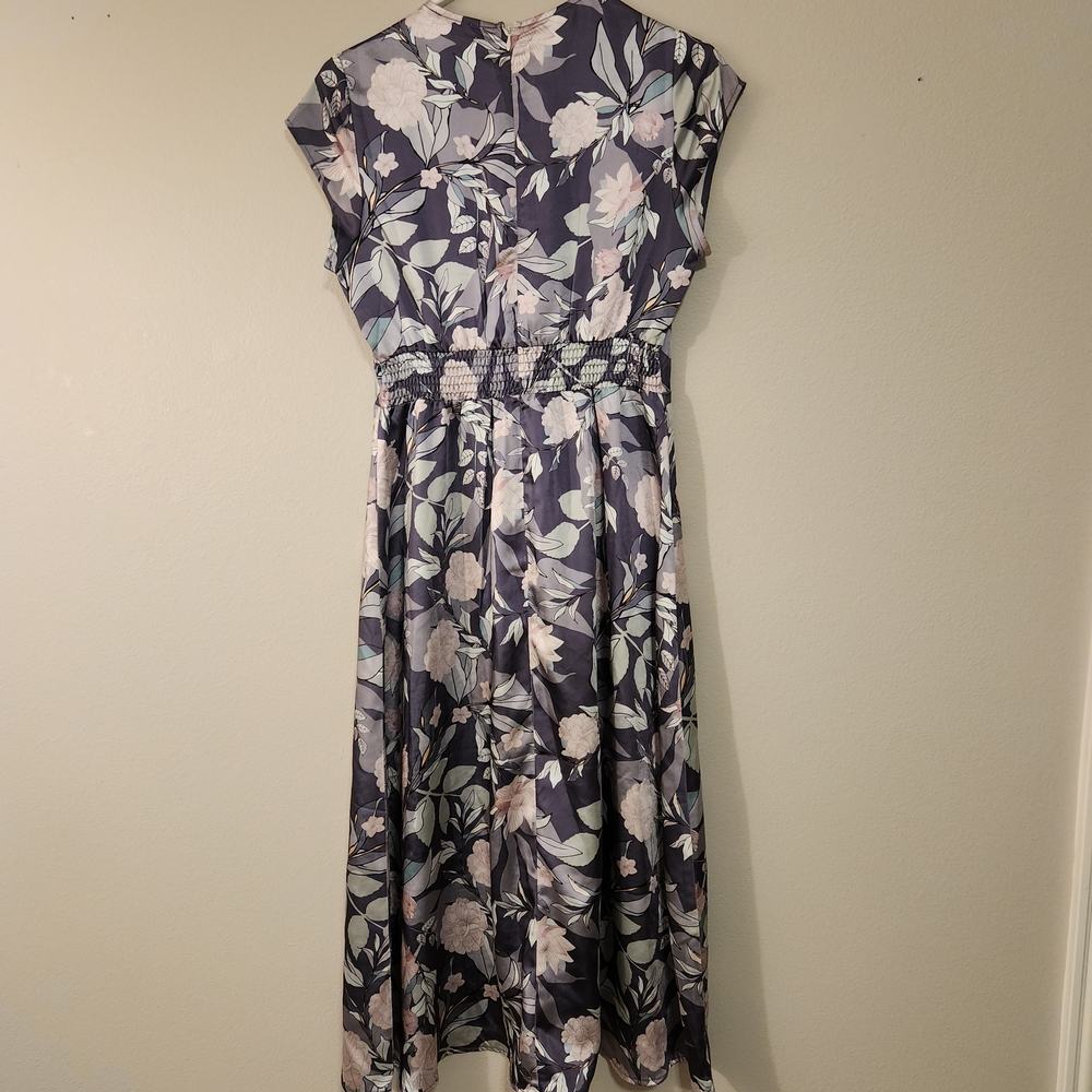 Böhme Floral Midi Dress Women's Medium Purple Pink Short Sleeve Smocked Waist - Picture 4 of 14